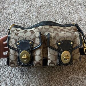 Coach Legacy Double Pocket Turn lock Signature canvas and leather trim